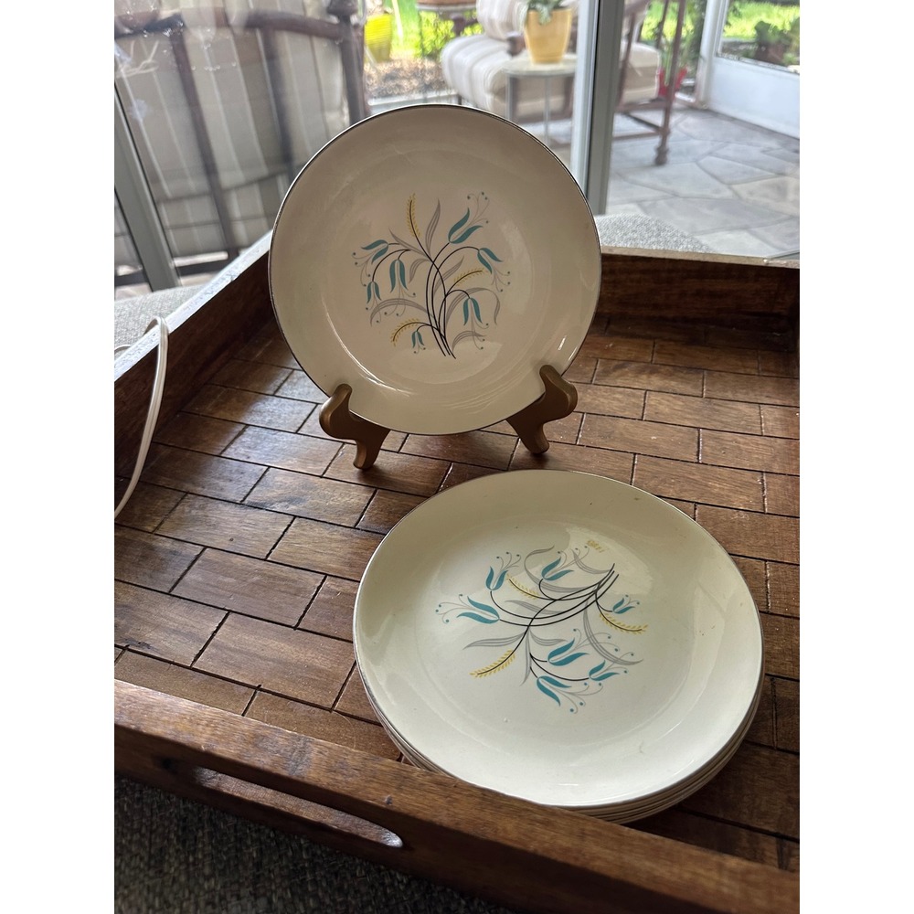 Homer Laughlin Rhythm Silver Wheat Salad Dessert Plates Set of 4 Teal MCM 7.25"